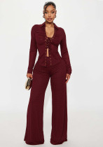 Women Fall Casual Turndown Collar Long-Sleeved Tie-Drawn Shirt and Pants Two-Piece Set Women Fall Casual Turndown Collar Long-Sleeved Tie-Drawn Shirt and Pants Two-Piece Set
