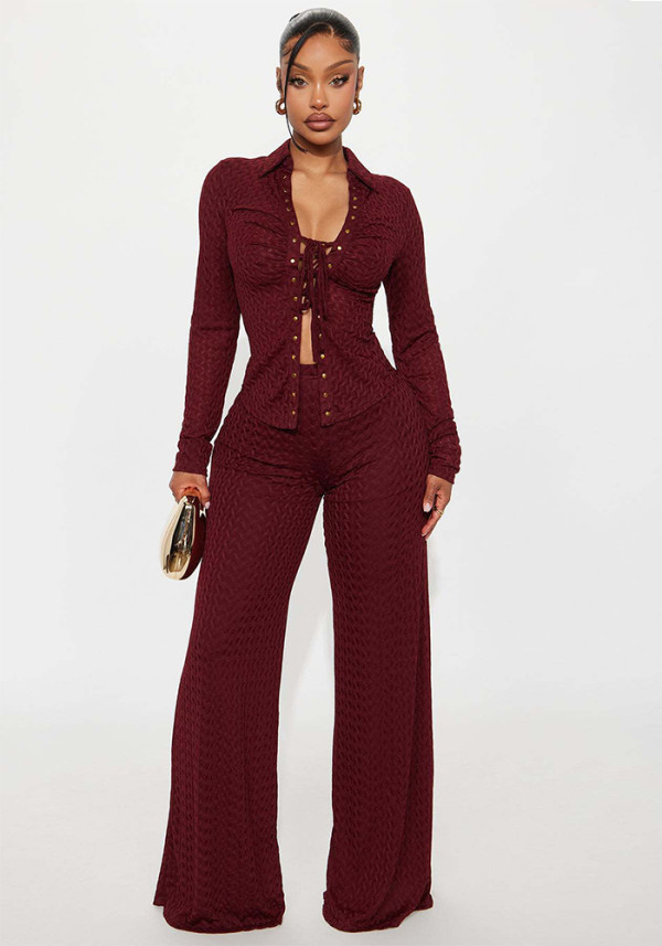 Women Fall Casual Turndown Collar Long-Sleeved Tie-Drawn Shirt and Pants Two-Piece Set