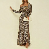 Women Fall Square Neck Leopard Print Dress