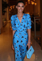 Women Summer Blue Printed V-Neck Puff Sleeve Dress