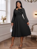 Plus-Size Women Elegant V-Neck Lantern Sleeve Pleated Dress