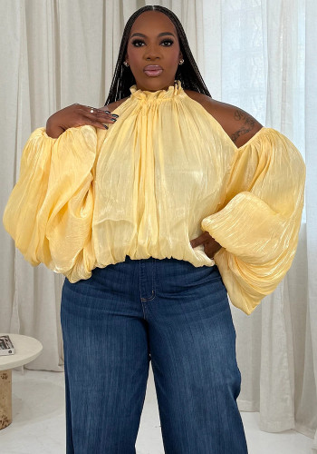 Women Fall Lace-Up Off-Shoulder Lantern Sleeve Top with Chiffon Ties