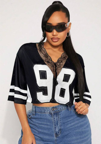 Women Lace Digital Print Casual Short-Sleeve Top