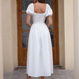 Women Summer Puff Short-Sleeved Solid Sexy Backless Lace-Up Maxi Dress