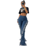 Women Fringed Stretchy Bell Bottom Denim Pants