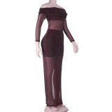 Women Sexy See-Through Off-Shoulder Long Sleeve Autumn Bodycon Dress