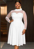 Plus-Size Women White Polka Dot Mesh Long-Sleeve Patchwork Neck Bow Elegant Dresses
