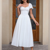 Women Summer Puff Short-Sleeved Solid Sexy Backless Lace-Up Maxi Dress