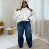 Women Fall Lace-Up Off-Shoulder Lantern Sleeve Top with Chiffon Ties