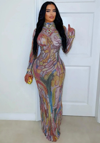 Women Long-Sleeved Ink Painting Mesh Beaded Sexy Dress