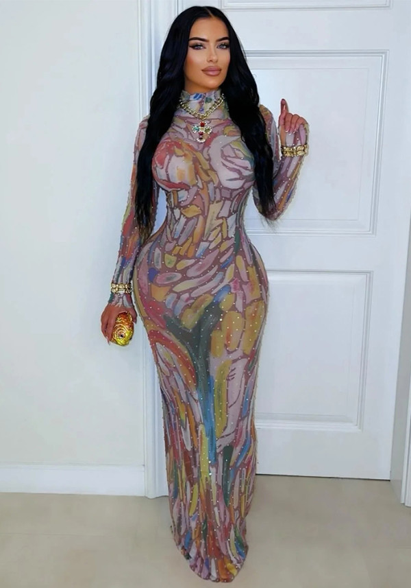 Women Long-Sleeved Ink Painting Mesh Beaded Sexy Dress