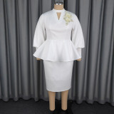 Women Elegant Stand Collar Cutout Ruffle Top and Skirt Two-Piece Set