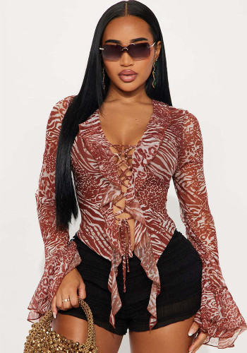 Women Fall Lace-Up Ruffled Animal Print Top