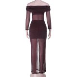 Women Sexy See-Through Off-Shoulder Long Sleeve Autumn Bodycon Dress