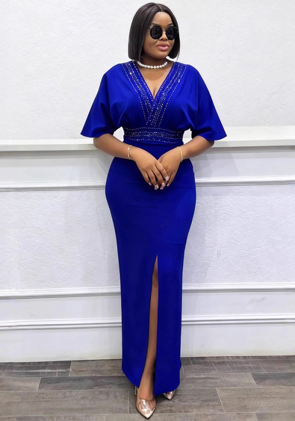 Women Beaded Sexy V-Neck Slit Formal Party Dress