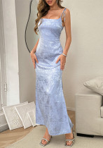 Women Summer Beach Holidays Backless Lace-Up with Jacquard Straps Slip Dress