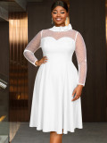 Plus-Size Women White Polka Dot Mesh Long-Sleeve Patchwork Neck Bow Elegant Dresses