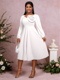 Plus-Size Women Elegant V-Neck Lantern Sleeve Pleated Dress