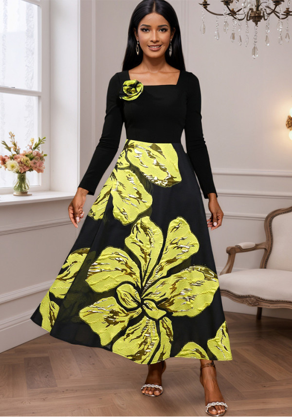 Women Square Neck Long-Sleeved Jacquard Contrast Color Dress