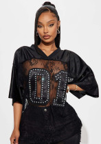 Women Printed Casual See-Through Sexy Lace Patchwork Short-Sleeved T-Shirt Top Women Printed Casual See-Through Sexy Lace Patchwork Short-Sleeved T-Shirt Top