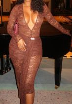 Women Fall Sexy V-Neck See-Through Long-Sleeved Ribbon Jumpsuit