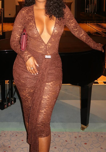 Women Fall Sexy V-Neck See-Through Long-Sleeved Ribbon Jumpsuit