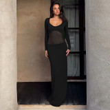 Women Sexy Mesh Patchwork Ruffle Gathered Maxi Dress