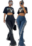 Women Fringed Stretchy Bell Bottom Denim Pants