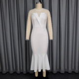 Women Elegant Mesh Beaded Long-Sleeved Fishtail Sexy Dress