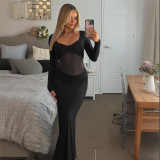 Women Sexy Mesh Patchwork Ruffle Gathered Maxi Dress