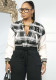 Women Plaid Print Veet Patchwork Pu Leather Ribbed Baseball Jacket