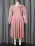 Plus-Size Women Elegant V-Neck Lantern Sleeve Pleated Dress