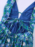 Women Halter Neck Lace-Up Print Sexy V-Neck Backless Dress
