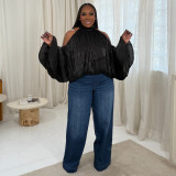 Women Fall Lace-Up Off-Shoulder Lantern Sleeve Top with Chiffon Ties