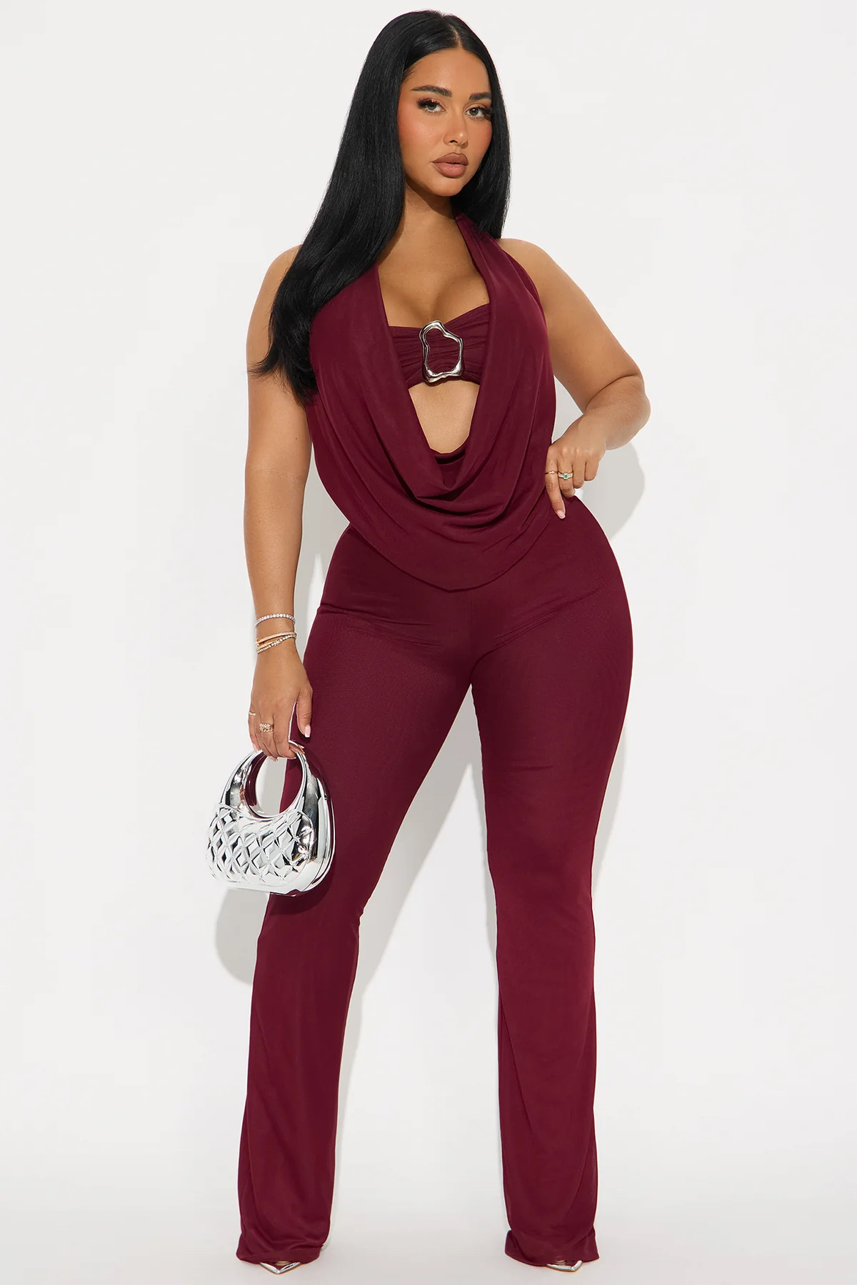 Women Summer Sexy Metal Strapless Halter Neck Top and Pants Two-Piece Set