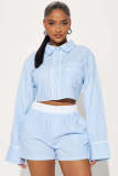 Women Summer Casual Long-Sleeve Turndown Collar Top and Shorts Two-Piece Set
