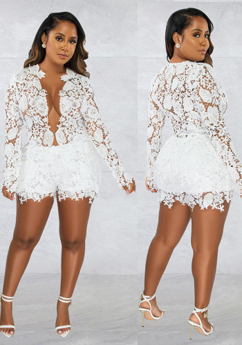 Women Hollow Solid Long Sleeve Shirt Shorts Two Piece Set