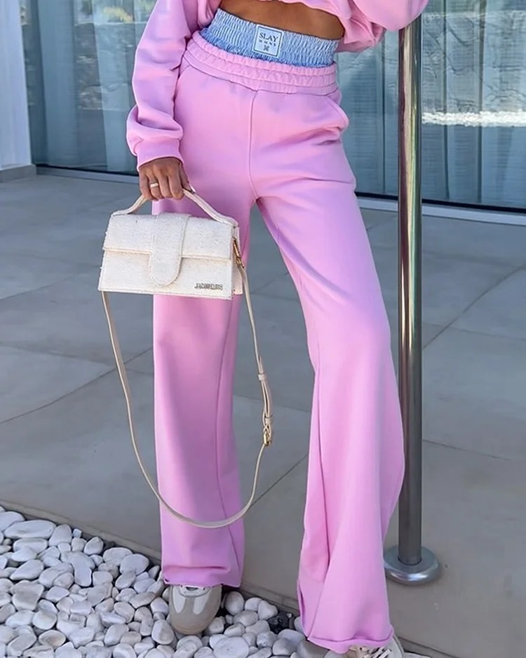 Women Fall V-Neck Athletic Solid Top and Pant Two-Piece Set