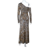 Women Fall Square Neck Leopard Print Dress
