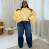 Women Fall Lace-Up Off-Shoulder Lantern Sleeve Top with Chiffon Ties