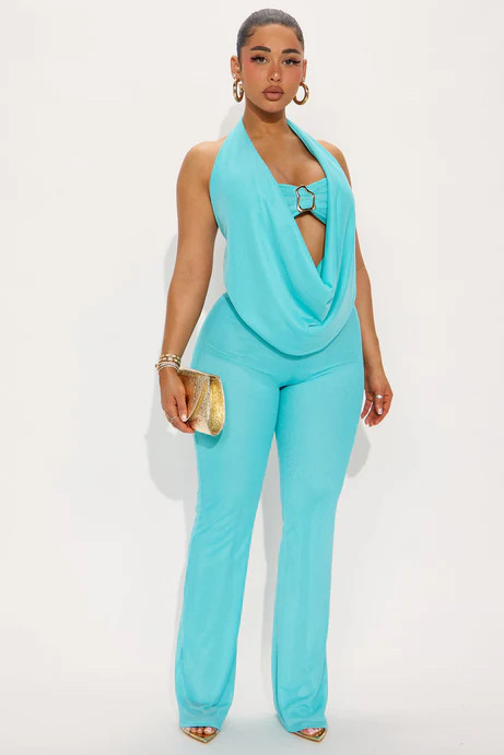 Women Summer Sexy Metal Strapless Halter Neck Top and Pants Two-Piece Set