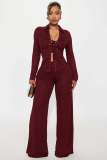 Women Fall Casual Turndown Collar Long-Sleeved Tie-Drawn Shirt and Pants Two-Piece Set