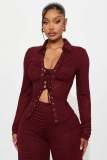 Women Fall Casual Turndown Collar Long-Sleeved Tie-Drawn Shirt and Pants Two-Piece Set
