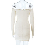 Women Sexy U-Button Off-Shoulder Long Sleeve Bodycon Dress
