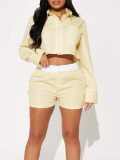 Women Summer Casual Long-Sleeve Turndown Collar Top and Shorts Two-Piece Set