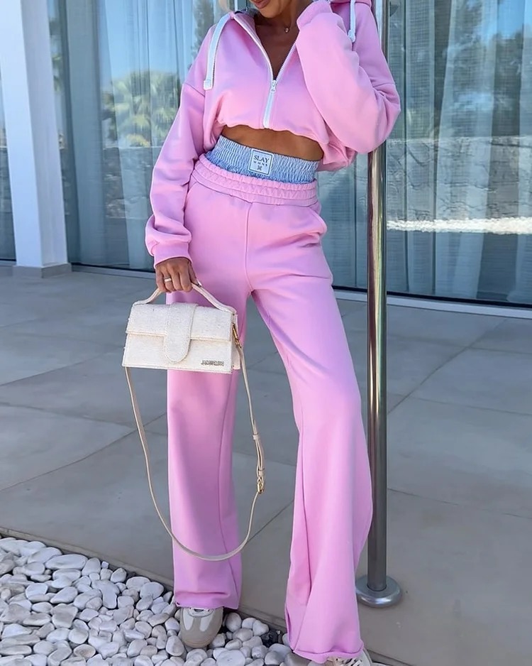 Women Fall V-Neck Athletic Solid Top and Pant Two-Piece Set