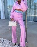 Women Fall V-Neck Athletic Solid Top and Pant Two-Piece Set