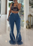 Women Fringed Stretchy Bell Bottom Denim Pants