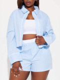 Women Summer Casual Long-Sleeve Turndown Collar Top and Shorts Two-Piece Set