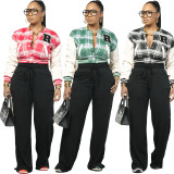 Women Plaid Print Veet Patchwork Pu Leather Ribbed Baseball Jacket